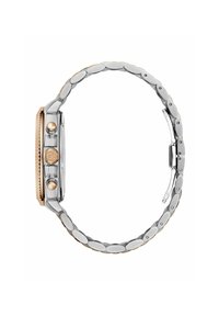 Nerūsējošā tērauda pulkstenis ar rozā zelta akcentētu rāmīti. Iespējas ietver apaļu korpusu, divus pogas un saites tipa aproci.