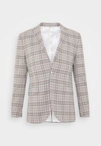 Ruitjesblazer in beige en bruintinten, met een enkele knoop, ingezette revers en twee voorzakken. Glad binnenvoering.