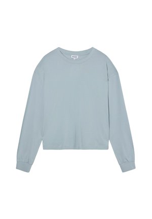 Light blue long-sleeve cropped t-shirt made from soft fabric with a round neckline and gathered cuffs. Simple, minimal design with no patterns.