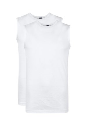 Deux débardeurs blancs unis à col rond sans manches, empilés avec l'un légèrement derrière l'autre sur un fond blanc.