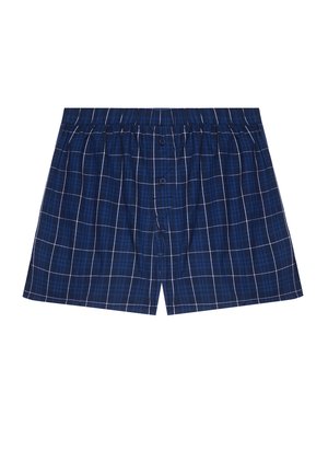 Marineblau karierte Boxershorts aus einem weichen Stoff, mit einem weißen Rautenmuster, einem elastischen Bund und zwei vorderen Knöpfen.