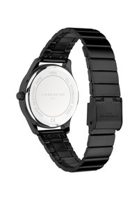 Schwarze Edelstahl-Uhr mit einem eleganten Gliederarmband und rundem Gehäuse. Mit einem reflektierenden silbernen Boden mit Markenprägung und Wasserbeständigkeit.