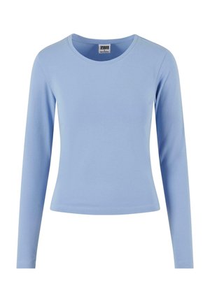 Šviesiai mėlynas ilgomis rankovėmis marškinėliai, pagaminti iš minkštos medvilnės, su apvaliu iškirpimu ir aptemptu dizainu. Lieti paviršių be raštų.
