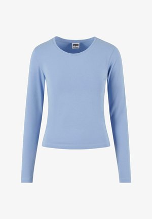 Lys blå langærmet t-shirt lavet af blød bomuld, med en rund halsudskæring og et slim fit design. Glat tekstur uden mønstre.