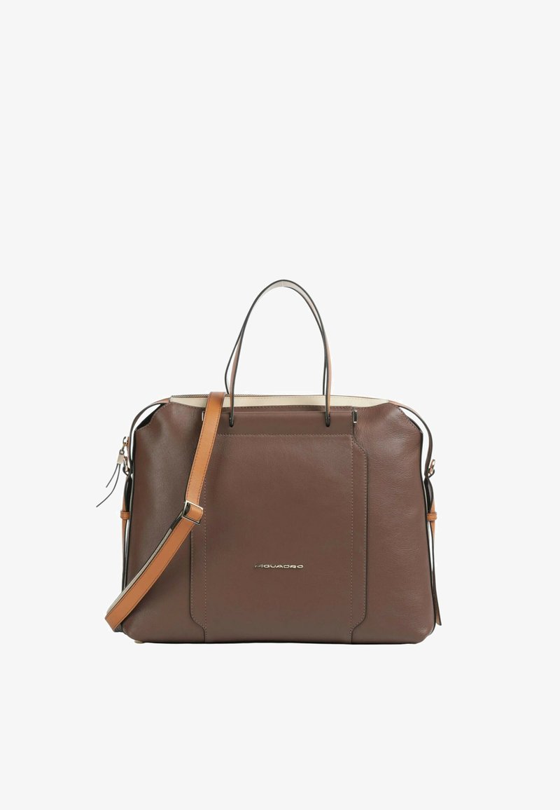 Bruine leren tas met een gestructureerd ontwerp, handvatten aan de bovenkant en een afneembare schouderriem. Voorzien van goudkleurige hardware en een contrasterende beige binnenkant.
