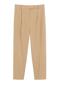 Pantalon beige sur mesure avec passants pour ceinture, plis devant et fermeture avant dissimulée, présenté sur un fond blanc.