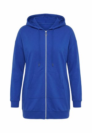 Sininen vetoketjullinen huppari, jossa etutaskut, kiristysnauhalla varustettu huppu sekä resorit hihansuissa ja helmassa.