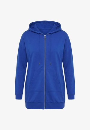 Sweat à capuche bleu zippé avec poches avant, capuche à cordon de serrage, et poignets et ourlet côtelés.