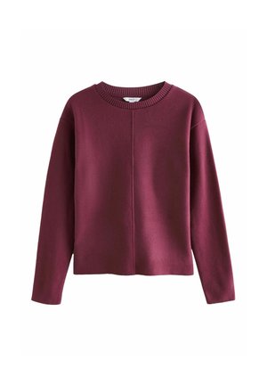 Pull à manches longues, col rond uni bordeaux foncé avec un détail de couture centrale sur le devant, présenté sur fond blanc.