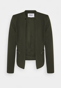 Olivgrön blazer med skräddarsydd passform, öppen front och ribbad textur. Har sidofickor med dragkedja och en minimalistisk design.