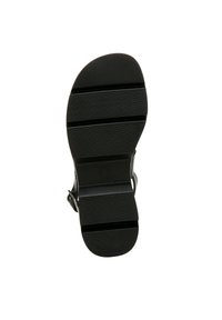 Zwarte sandaalzool met een gestructureerde grip, met horizontale ribbels en een afgeronde vorm. Gemaakt van duurzaam rubbermateriaal.