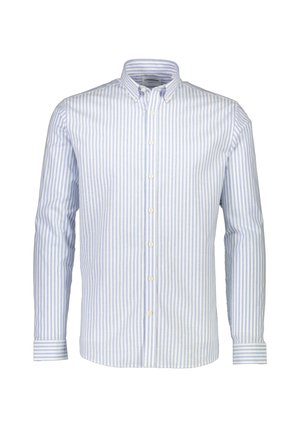 Herrenhemd mit langen Ärmeln mit hellblauen und weißen vertikalen Streifen und einem Button-Down-Kragen.