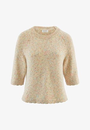 Kurzärmeliger Strickpullover in Beige mit mehrfarbigen Sprenkeln, gewellten Kanten an Ärmeln und Saum sowie rundem Ausschnitt.