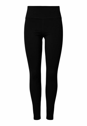 Melnas legingu bikses ar augsto jostu, izgatavotas no elastīga auduma, ar gludu tekstūru un bez redzamām rakstiem vai detaļām.