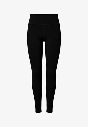 Zwarte legging met een hoge tailleband, gemaakt van rekbaar materiaal, met een gladde textuur en zonder zichtbare patronen of hardware.