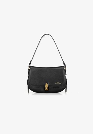 Schwarze Leder-Schultertasche mit strukturiertem Finish, goldenen Hardware, einem magnetischen Verschluss und einem verstellbaren Tragegurt. Verfügt über ein dezentes Markenlogo.