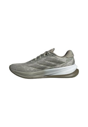 Lichtgrijze sport sneaker met veters, bovenwerk van patroonstof, witte tussenzool en olijfgroene buitenzool, getoond in zijprofiel vanuit links.