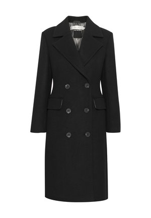 Čierny dvojradový kabát vyrobený z vlnenej zmesi, s klopovým golierom, dvoma prednými vreckami a veľkými gombíkmi na prednej strane.