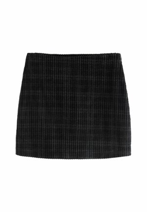 Black ribbed skirt with an elastic waistband. Short length, featuring a textured fabric with subtle vertical lines for added detail.