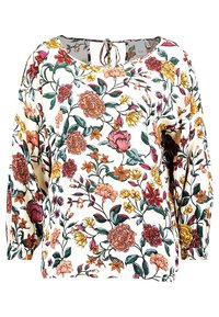 Bloemige blouse met lange mouwen, met een crèmekleurige basis en meerkleurige bloemenpatronen. Inclusief een strikdetail bij de halslijn.