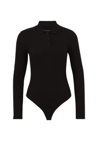 Czarny bodysuit z długim rękawem, z kołnierzykiem, z zapięciem na trzy guziki, o prążkowanej strukturze i dopasowanej sylwetce. Skrojony model z majtkami typu thong.