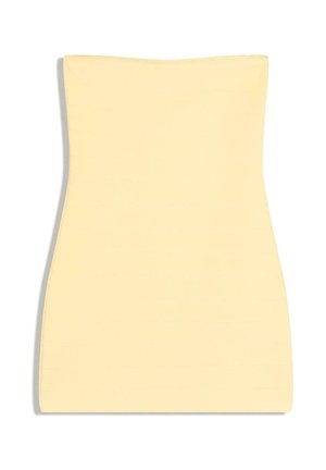 Vestito mini beige senza spalline con silhouette aderente a clessidra e sottili dettagli di cuciture orizzontali.