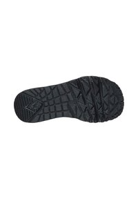 Suela de zapato negra con un patrón texturizado que presenta diseños triangulares y de cuadrícula para proporcionar tracción. El material parece ser similar al caucho, robusto y duradero.