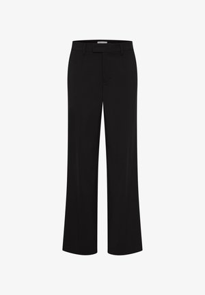 Crne hlače ravnog kroja s prorezima za remen, prednjim patentnim zatvaračem i bočnim džepovima na bijeloj pozadini.