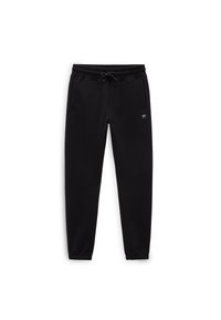 Zwarte joggingbroek gemaakt van zacht materiaal, met een elastische tailleband, een trekkoord, zijzakken en een klein logo-label op het bovenbeen.