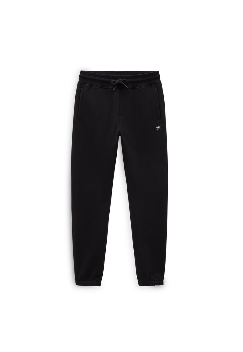 Zwarte joggingbroek gemaakt van zacht materiaal, met een elastische tailleband, een trekkoord, zijzakken en een klein logo-label op het bovenbeen.