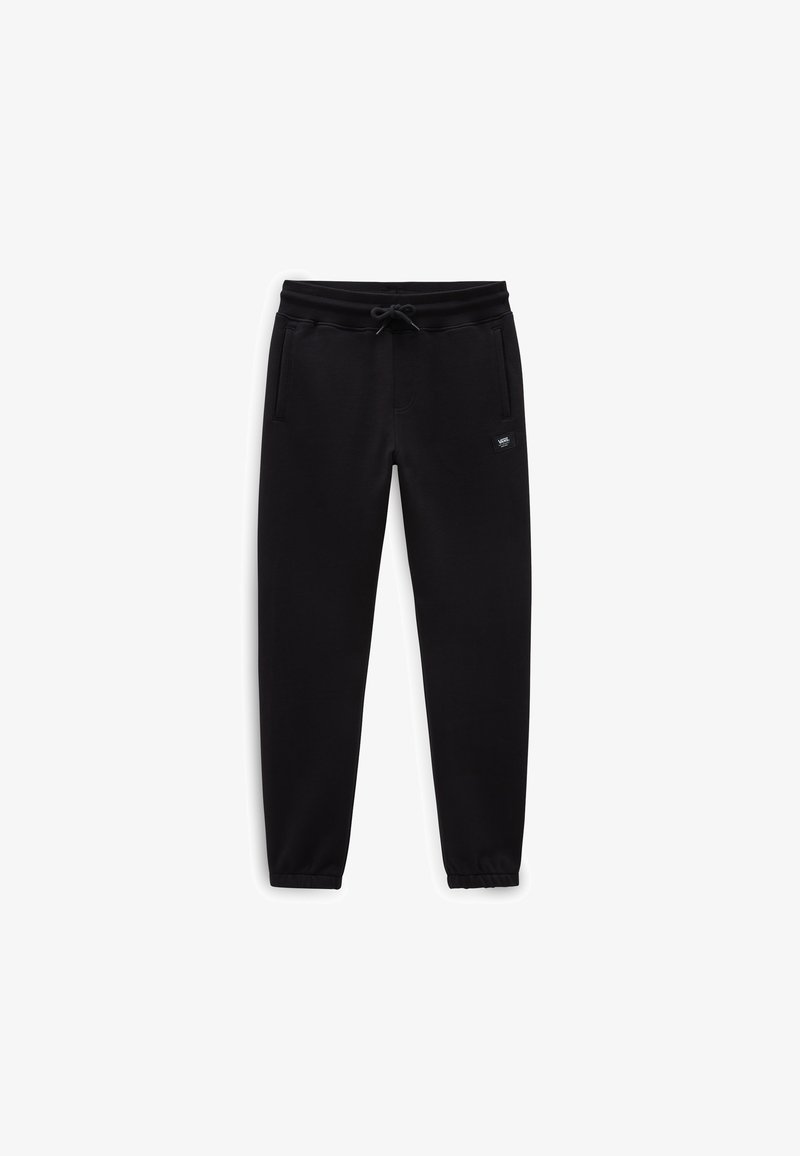 Pantalones de chándal negros hechos de un material suave, con cintura elástica, cordón, bolsillos laterales y una pequeña etiqueta con el logo en el muslo.