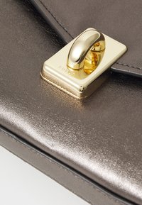 Metallinen harmaa nahkalaukku, jossa on sileä pinta. Varustettu kultaisella klipsilukolla ja huomaamattomalla kohokuvioidulla logolla.
