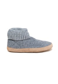 Graue Hausschuhe mit einem gerippten Strickbund und einer beige Wildledersohle. Verfügt über eine runde Zehenpartie und gestickte Details entlang des Sohlenrandes.