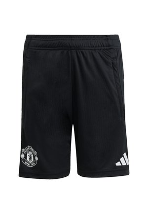 Zwarte sportsshorts met elastische tailleband, Manchester United-logo op het linkerbeen en Adidas-logo op het rechterbeen.