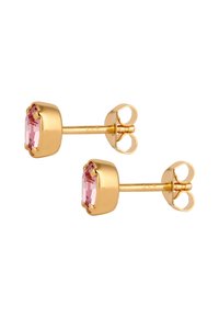 Boucles d'oreilles en or avec une grande pierre facettée rose, maintenue par six griffes avec une finition lisse et un fermoir papillon.