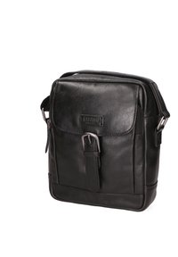 Borsa a tracolla nera in pelle con pattina davanti, dettaglio in fibbia argentata e tracolla regolabile. Texture liscia e design minimalista.
