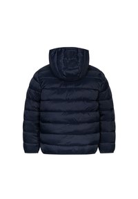 Marinblå pufferjacka med avtagbar huva, quiltat mönster, horisontell sömnad och elastiska ärmslut för värme.