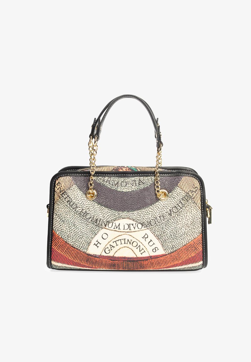 Schwarze und mehrfarbige Handtasche mit strukturierter Oberfläche, goldenen Kettenakzenten, zwei oberen Griffen und dekorativen Druckdetails.