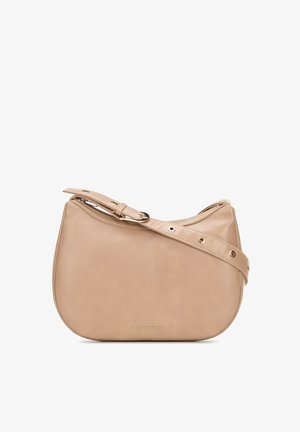 Beige Leder-Schultertasche mit verstellbarem Riemen und Metallschnalle, mit dezentem Markenlogo in der unteren Mitte.