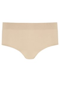 Beige hipsterunderkläder med en slät textur, bred midjeresår och sömlös design, som har minimalt med sömmar och en klassisk skärning.