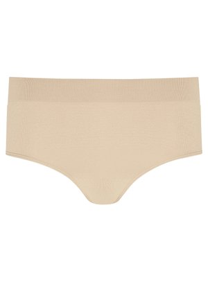Beige Hipster-Unterwäsche mit glatter Textur, breitem Bund und nahtlosem Design, das minimale Nähte und einen klassischen Schnitt aufweist.