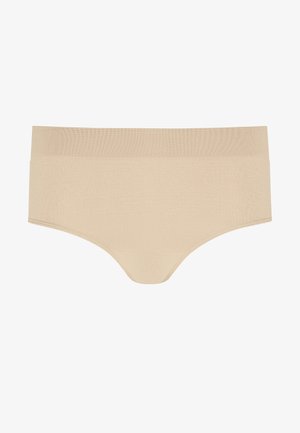 Beige hipster ondergoed met een soepele textuur, brede tailleband en naadloos ontwerp, met minimale stiksels en een klassieke snit.