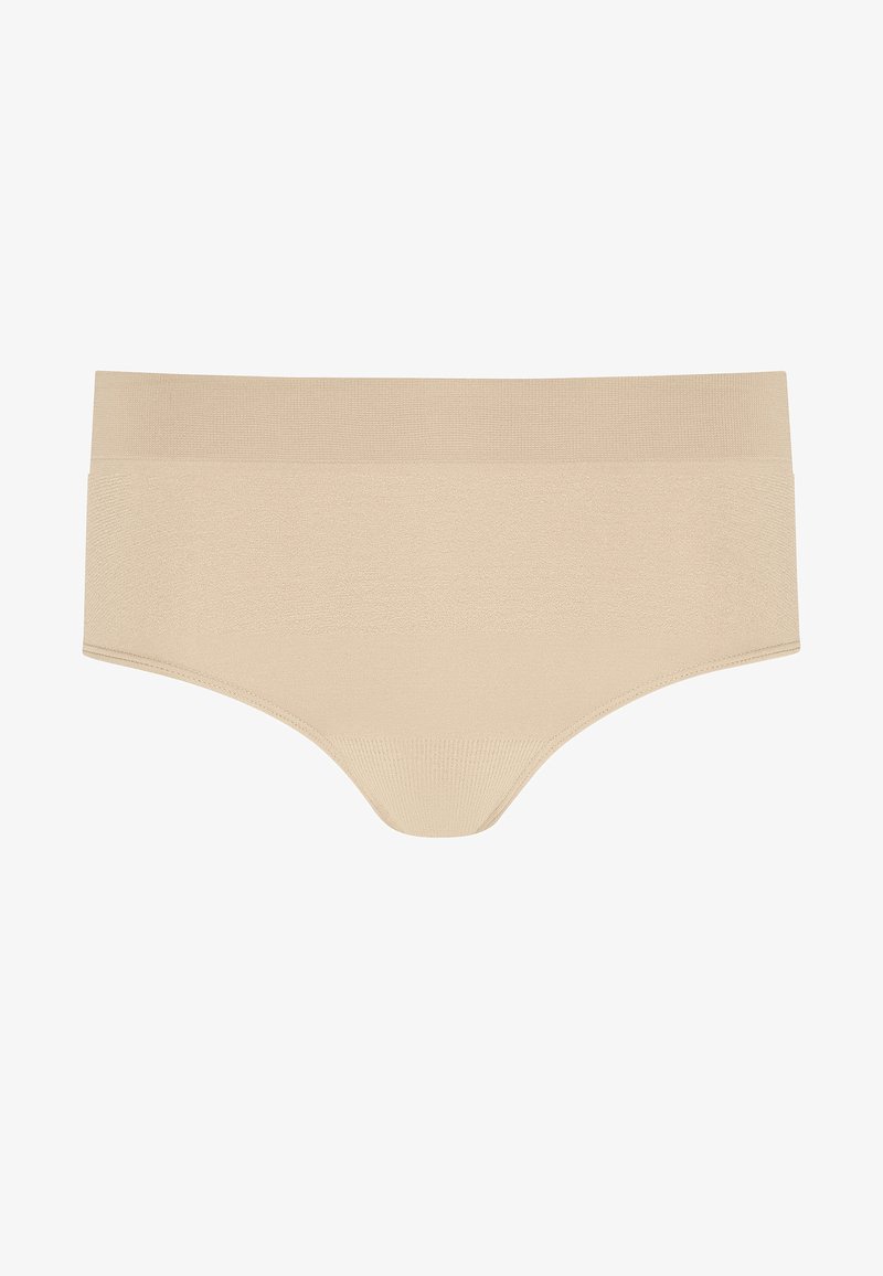 Beige hipsterunderkläder med en slät textur, bred midjeresår och sömlös design, som har minimalt med sömmar och en klassisk skärning.