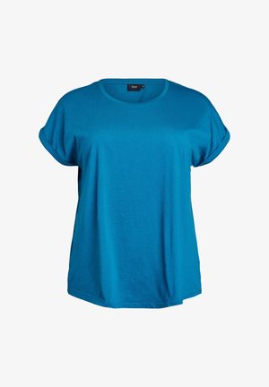 Miętowa bawełniana koszulka z okrągłym dekoltem, krótkimi podwiniętymi rękawami i luźnym krojem, z gładką teksturą i bez wzorów.