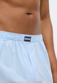 Ανοιχτό μπλε μαγιό σορτς με ελαστική μέση, που φέρει την ετικέτα με το λογότυπο της Diesel. Το ύφασμα φαίνεται λείο και ελαφρύ.