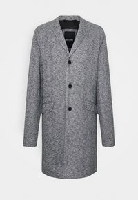 Grå tekstureret frakke med krave, tre knapper og to frontlommer. Stoffet har et subtilt mønster over det hele.