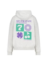 Grey hooded sweatshirt featuring a graphic design on the back. Text includes "SILVER STATE LAS VEGAS NEVADA" and colorful symbols: 7, clover, cherries, and a sunburst pattern.