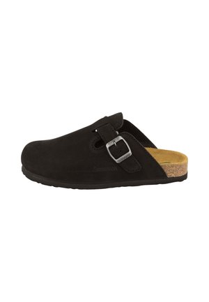 Black slip-on clog with adjustable buckle strap and cork footbed, designed for comfort and casual wear.