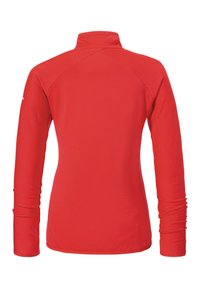 Rotes langärmliges Oberteil mit hohem Kragen und gerippter Textur. Die Rückansicht zeigt ein tailliertes Design und nahtlose Schultern.
