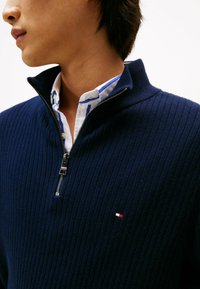 Mann, der einen marineblauen, gerippten Pullover mit halbem Reißverschluss über einem weißen Hemd mit blauen Streifen trägt, teilweise heruntergezogen, sodass der Kragen und ein kleines Flaggen-Logo sichtbar sind.